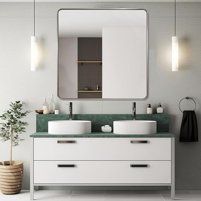 ANDY STAR 36x36 Inch Brushed Nickel Bathroom Mirror, Rounded Square Bathroom Vanity Mirrors for Wall, Anti-Rust SUS304, Seamless Tube Metal Frame, 1’’ Deep Wall Mounted Vertically/Horizontal