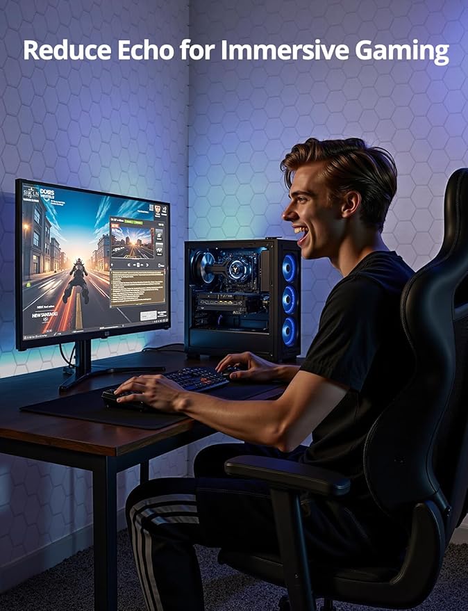 Acoustic Wall Panels Sound Absorbing, Honeycomb Self Adhesive Wall Tiles Panel, 18 Pack Decorative Hexagon Design for Studio, Home Office, Gaming Room, Acoustic Treatment, 12"x12"x0.4", White