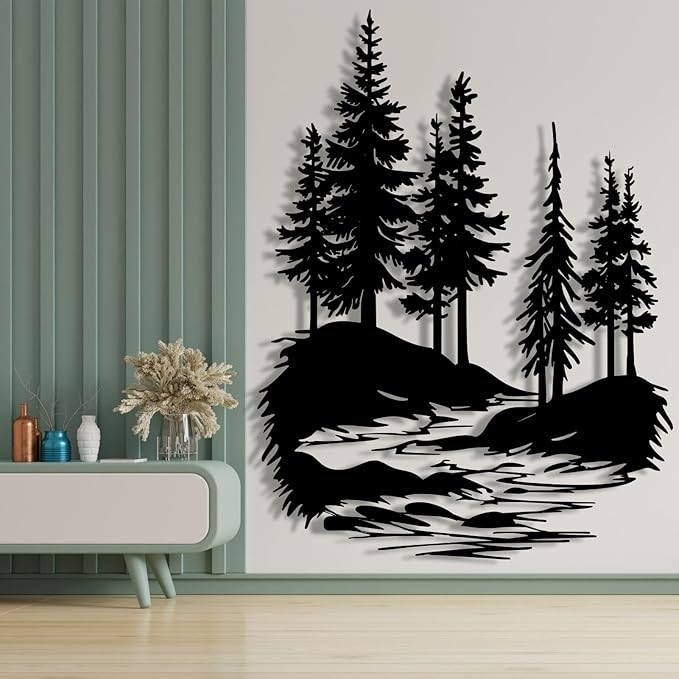 lunwall Metal Pine Tree Wall Art, Metal Forest Wall Art, Pine Branch Wall Decor, Christmas Tree Wall Decor, Forest Wall Hanging, Nature Lover Gift (Style 3, 19" H x 14" W / 47 x 36 cm)