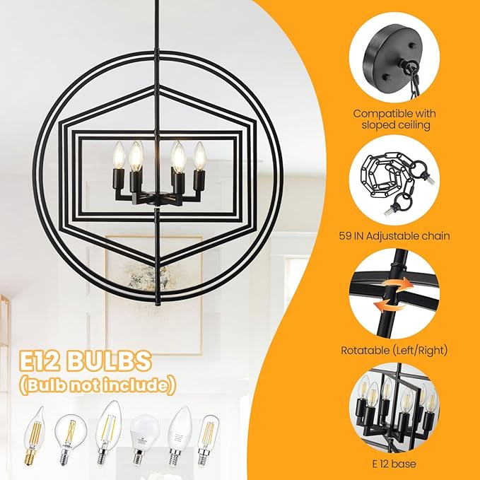 26 Inch Black Chandelier, 6-Light Farmhouse Chandelier for Entryway, Industrial Foyer Lighting Fixtures, Large Chandeliers for High Ceilings, Modern Hanging Pendant Lights for Living Room, Staircase