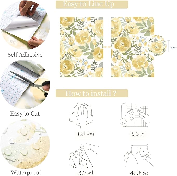 Orainege Floral Wallpaper Peel and Stick Wallpaper 16.9inx118.1in Self Adhesive Wallpaper Boho Contact Paper Removable Decorative Wall Paper for Bedroom Bathroom Shelf Liner Decor Vinyl,Yellow