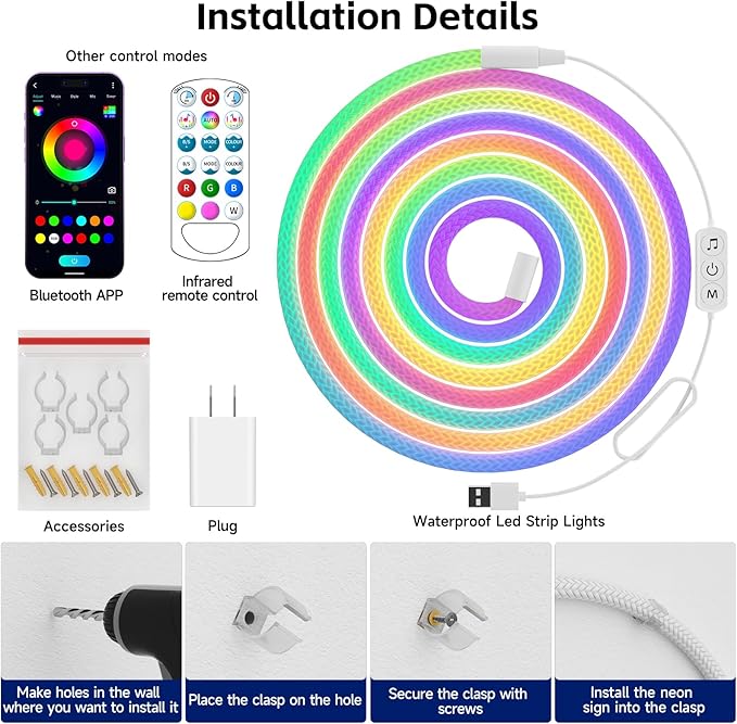 LED Rope Lights, 9.84ft Neon LED Lights Strip with 360 Degree Luminous, 5V USB Flexible IP67 Waterproof Music Sync Remote APP Control Gaming Lights Accessories for Bedroom Outdoor Décor