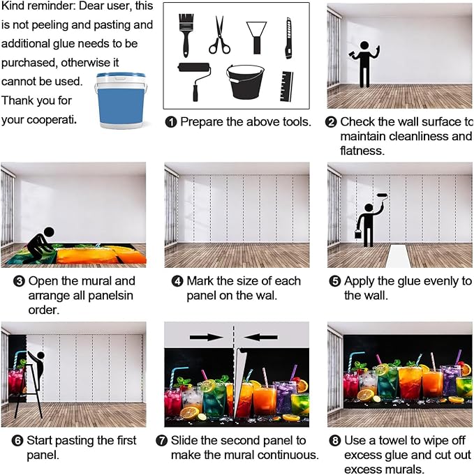 3D Cocktails Mural Wallpaper, Miami Cocktails Murals, Modern Stylish Wall Art Murals Wallpaper for Living Room Bedroom Home Decor Mural - 110" W x 90" H (Not Peel Stick)