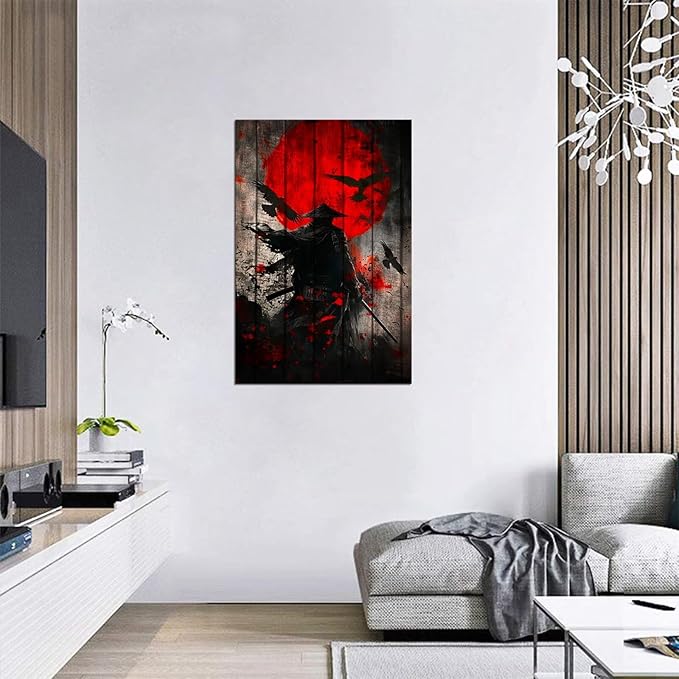 Japanese Samurai Retro Black and Red Atmosphere Asian Samurai Armor Red Moon Poster Canvas Wall Art Prints Bushido Poster Modern Home Decor Framed for Bedroom Living Room Office (24''W x 36''H)