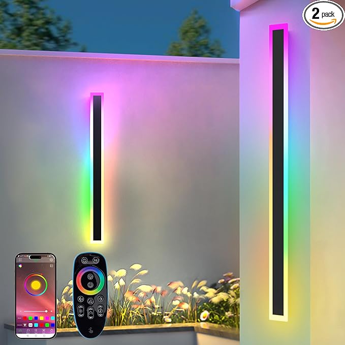 2 Pack Outdoor RGB Long Wall Lights, 31.4inch Wall Lights RGB/Warm/White Dimmable Modern Led Wall Lighting, Ip65 Waterproof Wall Sconce with Remote APP Control for Outdoor/Indoor Party Gathering