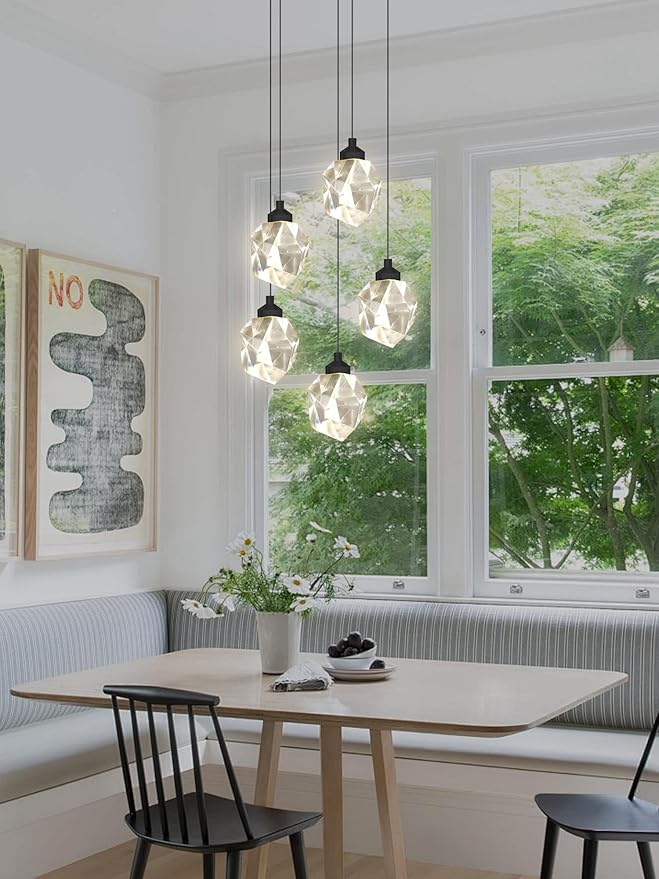 5-Light Cluster Crystal Raindrop Pendant Lights- 25W Black LED Dimmable Hanging Light Fixture Chandelier for Kitchen Island, Dining Room Living Room