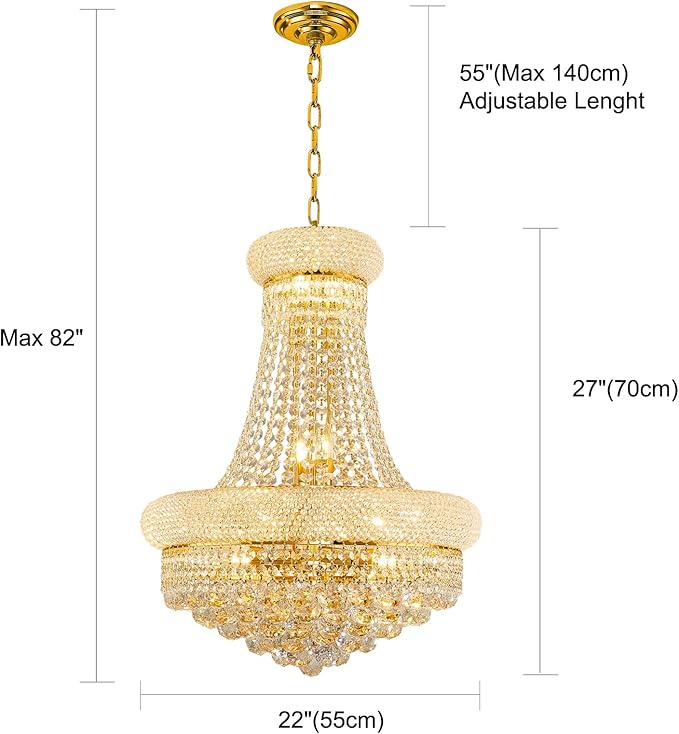 12 Lights Gold Finish Empire Crystal Chandelier Lighting for Dining Room Living Room Foyer Hallway Bedroom Entryway (Dia 22'')