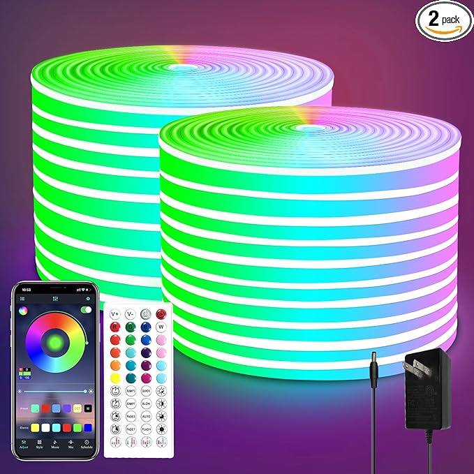 100FT LED Neon Rope Lights - Music Sync, 40Key Remote/APP Control, IP65 Waterproof, RGB Flexible Outdoor/Indoor Strip Lights for Bedroom