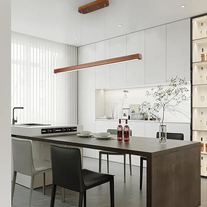 39" Wood Linear Pendant Light Modern LED Dimmable Ceiling Hanging Light Fixture Wood Linear Chandeliers 24w for Dining Room Kitchen Island Pool Table Bar Walnut Color (with Remote Control)