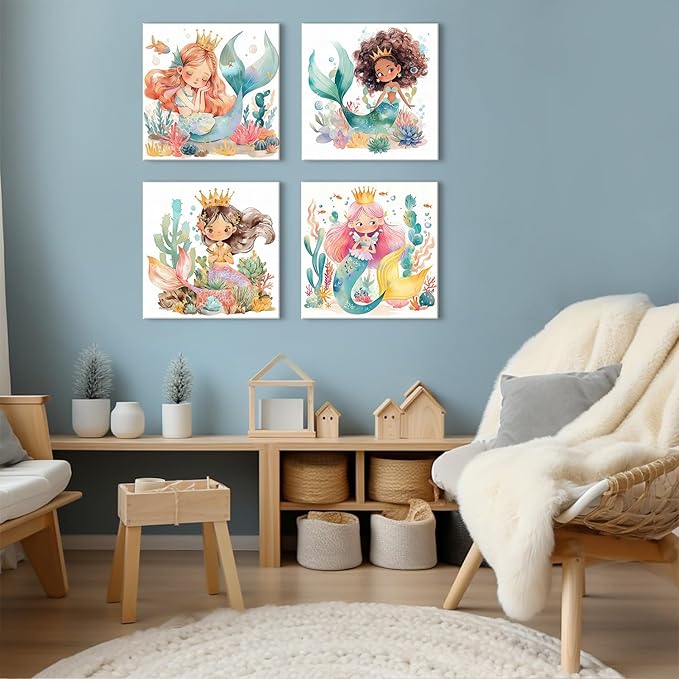 Mermaid Decor Wall Prints Mermaid Room Decor for Girls Bedroom Cute Under The Sea Decorations for Girls Nursery Posters Cartoon Bathroom Decor Wall Art Living Room Playroom Home Decorations 16×16" 4P
