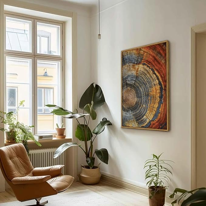 BingruiArt Large Framed Tree Ring Canvas Wall Art Red and Gold Abstract Wood Wall Decor Boho Modern Colorful Nature Prints Pictures for Living Room Bedroom Bathroom 24"x36" Natural Framed(03)