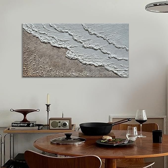 Large Oil Painting Hand-Painted Thick Texture Wave Beach Minimalist Modern Abstract Canvas Art Warm Acrylic Painting 24x48 Inches Home Office Wall Decoration