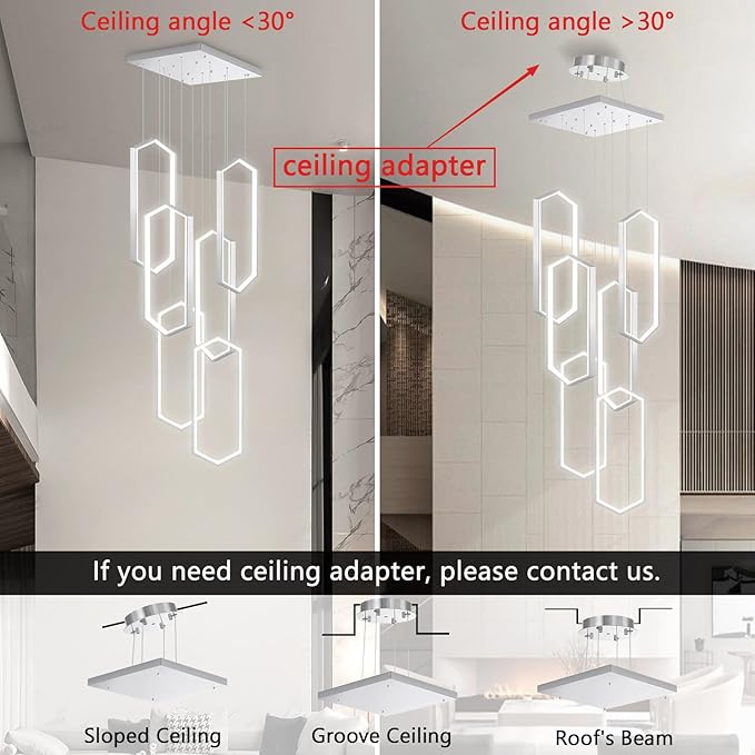 6 Rings Modern Chandelier LED Dimmable Pendant Lighting Adjust Flush Mount Ceiling Light for Foyer Lobby Living Room Staircaes Sliver 78.7''