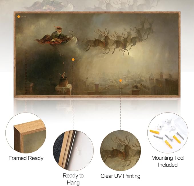 Aurlan Vintage Santa's Sleigh Rides Framed Wall Art(40"x20"), Mid Century Modern Moody Black Christmas Eve Santa Claus with Reindeer Sleigh Canvas Artwork, Neutral Abstract Xmas Winter Holiday Gift Decor for Home Office Bedroom