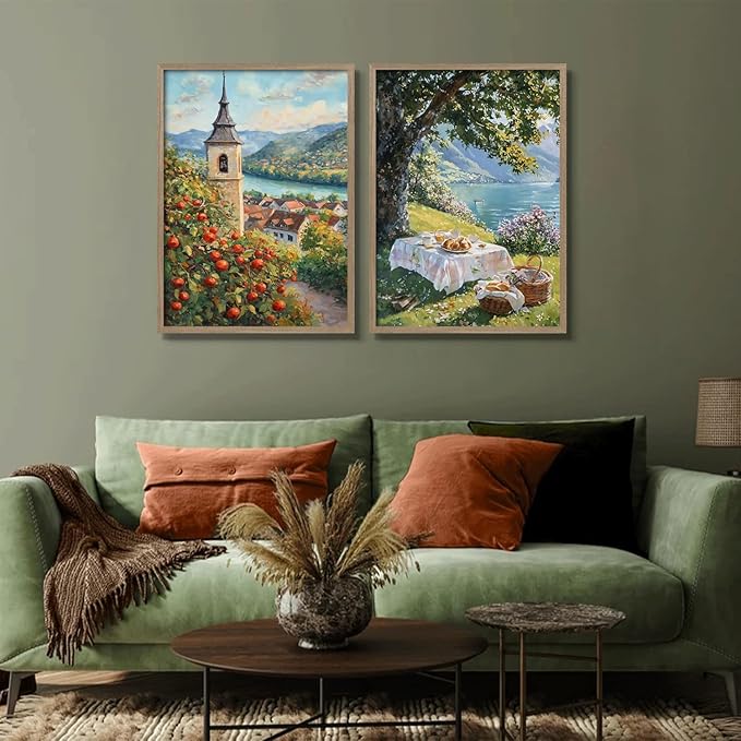2 Pcs Wooden Framed Vintage Landscape Wall Art Pastoral Scenery Poster Countryside Scenery Artwork Canvas Print Lakeside Tree Shade Gallery Picture Living Room Bedroom Office Wall Decor 16x24 Inch