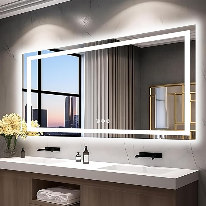 77"x36" Large LED Bathroom Mirror with Front & Backlit, Anti-Fog, Stepless Dimmable Vanity Mirror, 3 Colors Smart Mirror (Horizontal/Vertical)