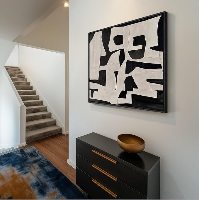 Large Framed Black and White Abstract Wall Art for Living Room, 2 Piece Modern Canvas Prints Paintings Artwork for Walls, Minimalist Black Beige Pictures for Hallway Dining Bedroom Wall Decor 24x36 In
