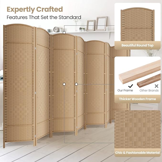 8 Panel Room Divider,6Ft Folding Privacy Screen,Tall - Extra Wide Foldable Panel Partition Wall Divider with Diamond Double-Weaved Hand-Woven Design Room Screen Divider