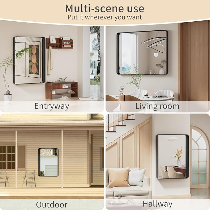 Koonmi Black Bathroom Mirror for Wall, 36x48 Inch Matte Metal Deep Framed Rounded Corner Wall Mirror, Shatterproof Tempered Glass for Farmhouse Bedroom Entryway, Vertically or Horizontally