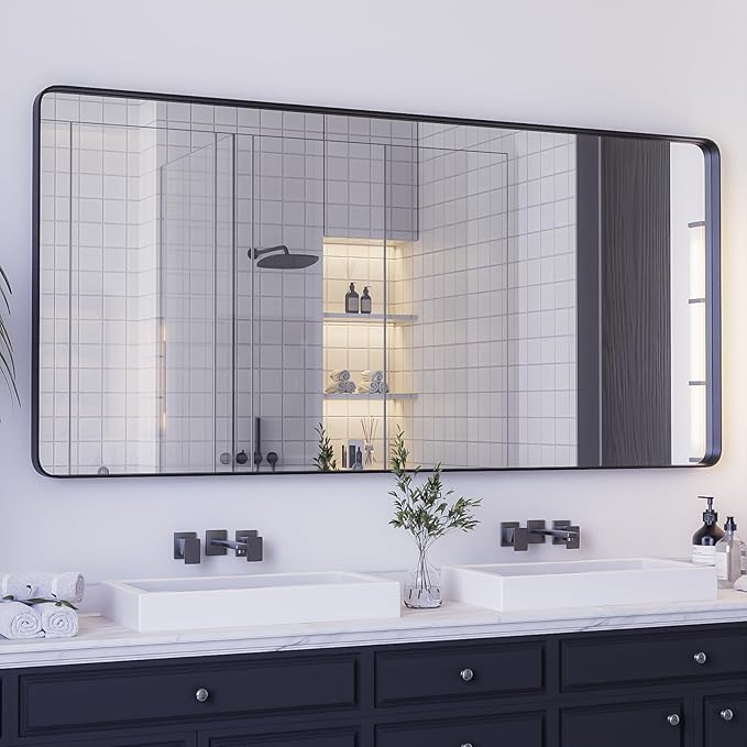 Large Bathroom Mirror for Wall, 60x28 Inch Matte Black Framed Rectangular Bathroom Vanity Mirror for Farmhouse, Anti-Rust, Tempered Glass, Rounded Corner (Horizontal/Vertical)