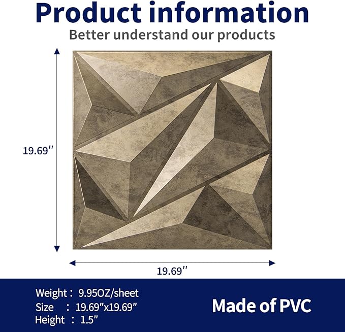 Art3dwallpanels PVC 3D Wall Panel Diamond for Interior Wall Décor, Wall Decor PVC Panel, 3D Textured Wall Panels, Pack of 12 Tiles, Antique Gold