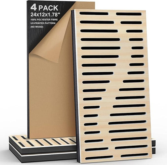 4Pack Acoustic Wall Panel Self-Adhesive Soundproof Foam Panels for Wall, 3D Perforated Tri-Layer Polyester Fiber Decorative Acoustic Insulation for Recording Studio, Office, 24×12×1.78", Regular-Line
