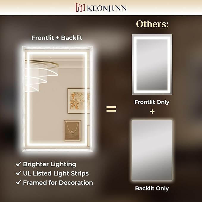 Keonjinn 28 x 36 Inch Brushed Nickel LED Bathroom Mirror with Frontlit & Backlit, Lighted Mirrors for Bathroom Wall, Tempered Glass, Metal Framed Beveled Edge, 3000K/4500K/6000K, Defogging, Dimmable