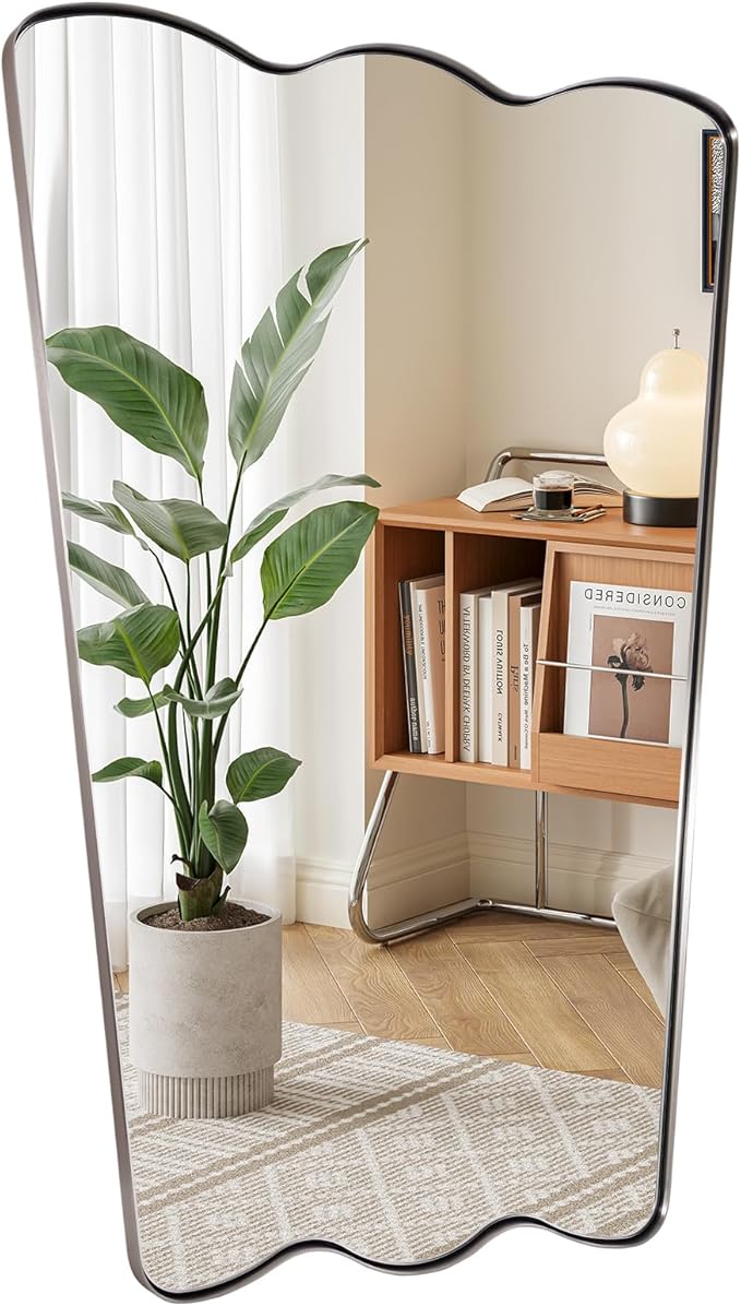 ANDY STAR 24x36 Brushed Nickel Scalloped Bathroom Mirror, Unique Irregular Wall Mirror, Rustproof Stainless Steel Wavy Metal Frame for Contemporary Bathroom Decor