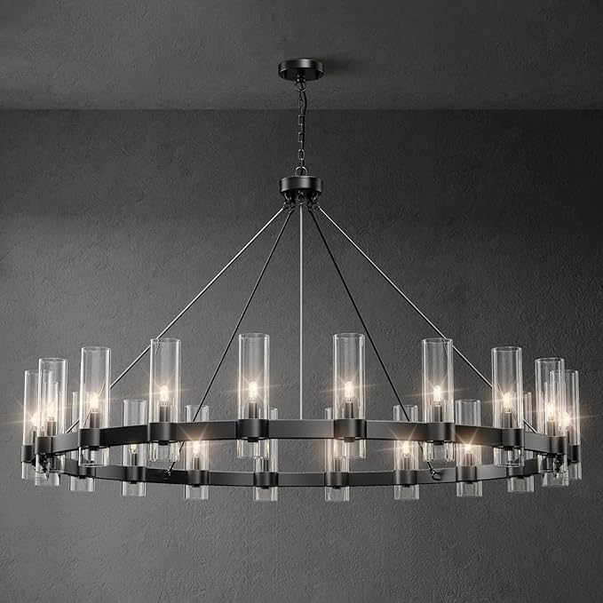 60 Inch Black Round Chandelier, Wagon Wheel Chandelier with Glass Shade, 20-Lights Large Modern Farmhouse High Ceilings Pendant Lighting Fixture for Dining Room, Living Room, Kitchen, Foyer