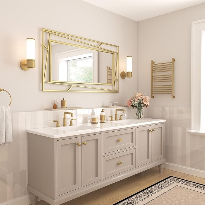 Brushed Gold Vanity Mirror for Bathroom 45" x 30" Brushed Brass Rectangle Beveled Framed Bathroom Wall Mirror for Over Sink, Tempered Glass, Modern Farmhouse Bedroom, Entryway, Living Room