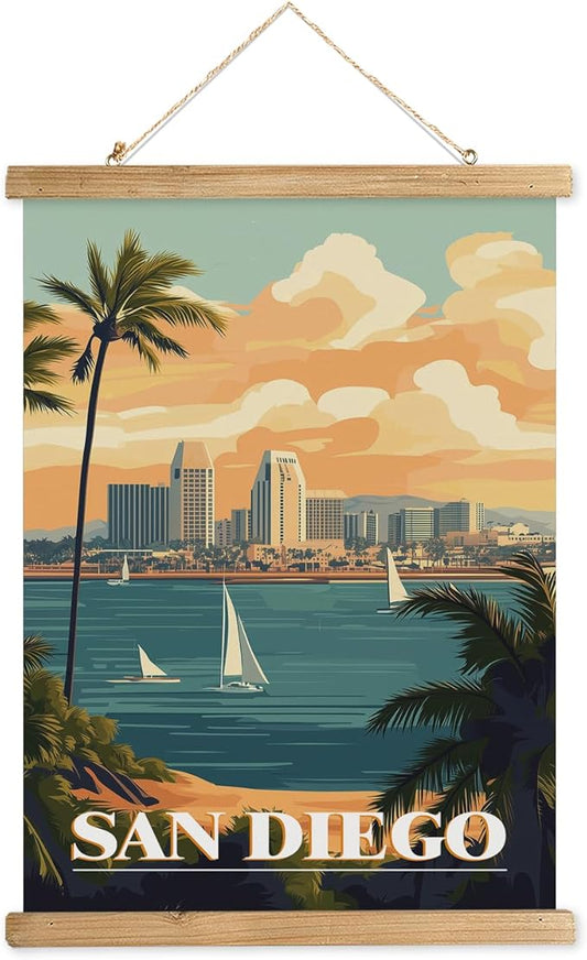 WREVERW Vintage San Diego Poster Canvas Print with Wooden Hanger Frame, Coastal Skyline with Palm Trees and Sailboats, Home and Office Wall Art Decor, 16x23 inches