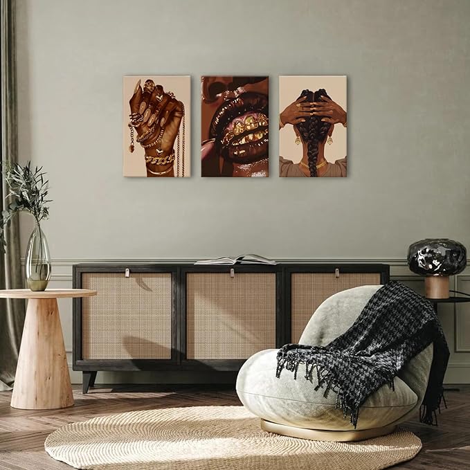 Black Girl Canvas Wall Art Living Room Modern Abstract Gold Jewelry Accessories Canvas Painting African Female Framed Artwork Woman Room Decor Living Room Bathroom Fashion Home Decorations 16x24 3Pcs