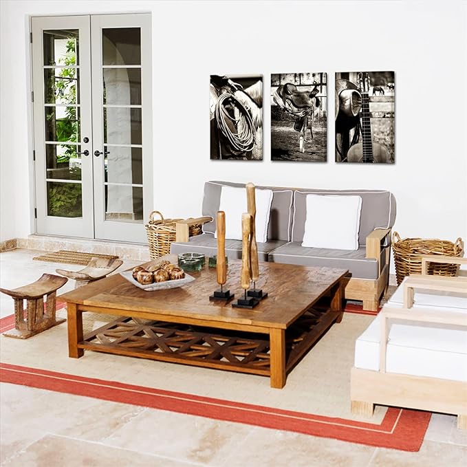 3 Pieces Retro Canvas Prints American West Rodeo Cowboy Wall Art Painting Brown Straw Hat on Leather Rancher Roper Boots and Guitar Picture on Canvas Artwork for Home Office 16x24inchx3pcs