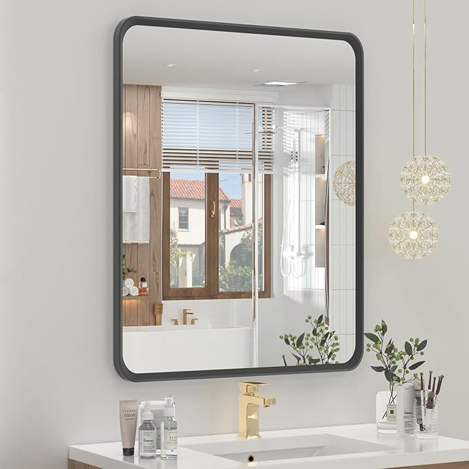 OKPAL 20 x 24 Inch Black Bathroom Mirrors for Over Sink, Rounded Rectangle Black Bathroom Vanity Mirror, Beveled Framed Mirror for Wall, HD Glass, Anti-Rust Aluminum Alloy Mirror