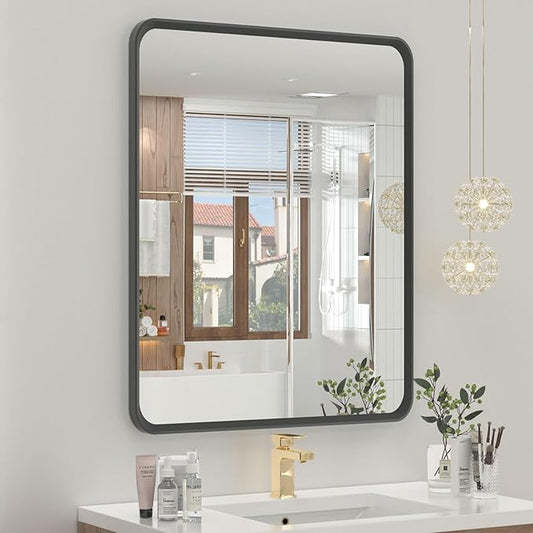 OKPAL 20 x 24 Inch Black Bathroom Mirrors for Over Sink, Rounded Rectangle Black Bathroom Vanity Mirror, Beveled Framed Mirror for Wall, HD Glass, Anti-Rust Aluminum Alloy Mirror