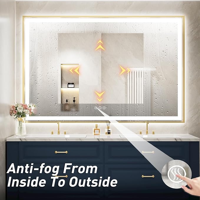 60X40 Inch Led Bathroom Mirror,Frontlit & Backlit Lighted Mirror,Gold Metal Frame Vanity Mirror for Wall,Double Lights Strips,Anti Fog Stepless 3 Colors Temperature & Dimmable