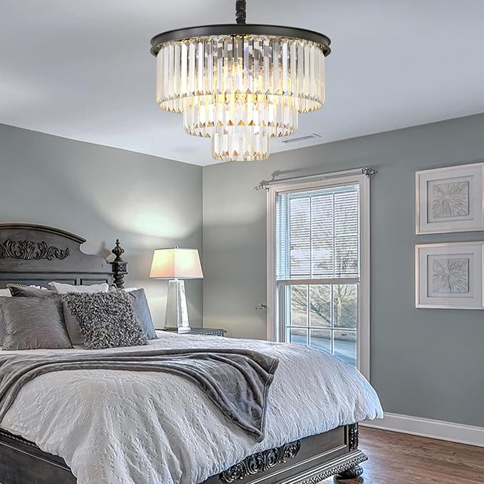 Modern Black Crystal Chandelier,3-Tier Round Pendant Ceiling Fixture with Height Adjustable Luxury Hanging Chandelier for Dining Room,Living Room,Entryway,Bedroom,Kitchen,and Foyer (Black Crystal-3)