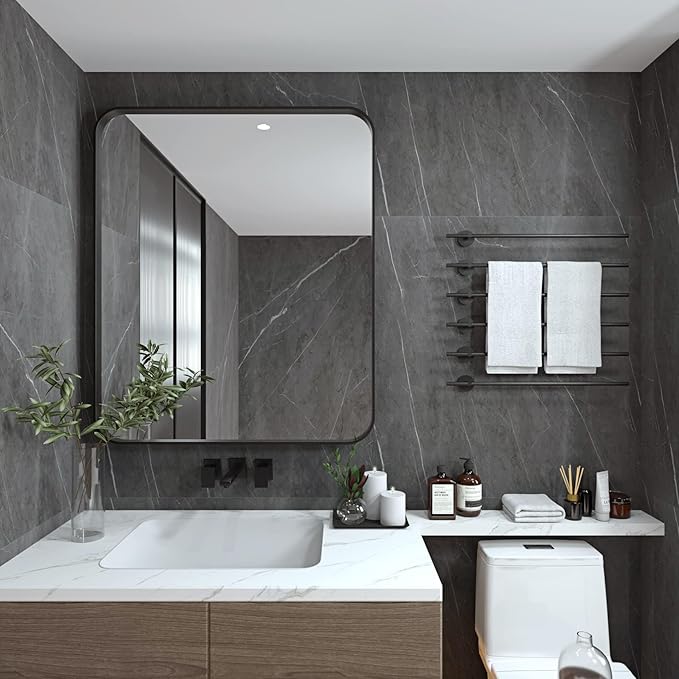 ANDY STAR 30x36’’ Bathroom Mirrors for Wall, Matte Black Bathroom Vanity Mirror, Contemporary Rounded Rectangle Mirrors Wall Mounted in Tube Metal Frame, Hang Horizontal/Vertical 1’’ Deep