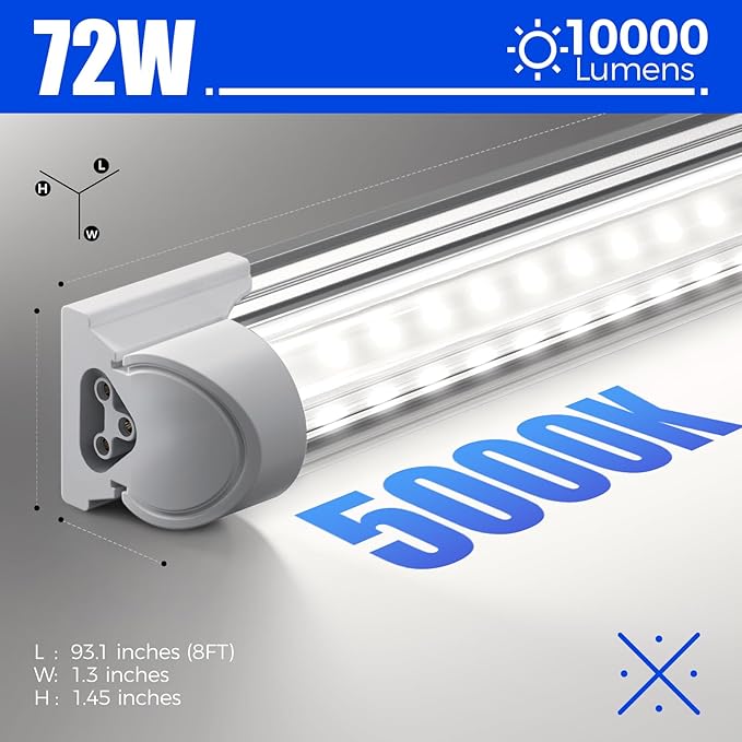 Barrina 8FT LED Shop Lights Fixture, T8 72W 10000lm 5000K, Daylight White, Clear Cover, V Shape,Tube Light, Hight Output, Bulbs for Garage, Warehouse, Plug and Play, 6 Packs