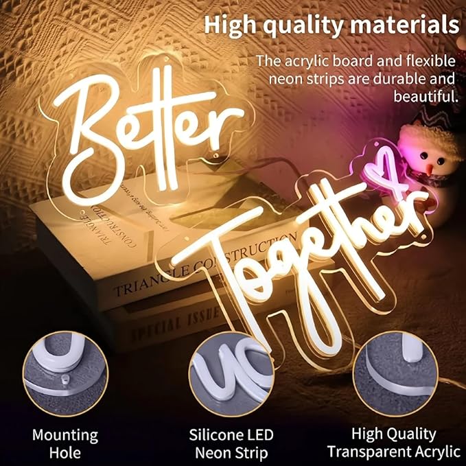 Better Together Neon Sign Wedding Led Sign Neon Wedding Signs Neon Signs for Wall Decor Led Light Sign for Engagement Party, Anniversary, Bridal Shower Backdrop Decorations, 24" x 13"