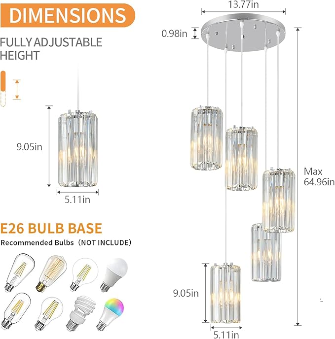 Chrome Pendant Lighting Modern Pendant Light, Mini Crystal Chandeliers,Adjustable Pendant Light Fixture for Kitchen Island Dinning Room Corridor Bedroom…(Gold 5-Light)