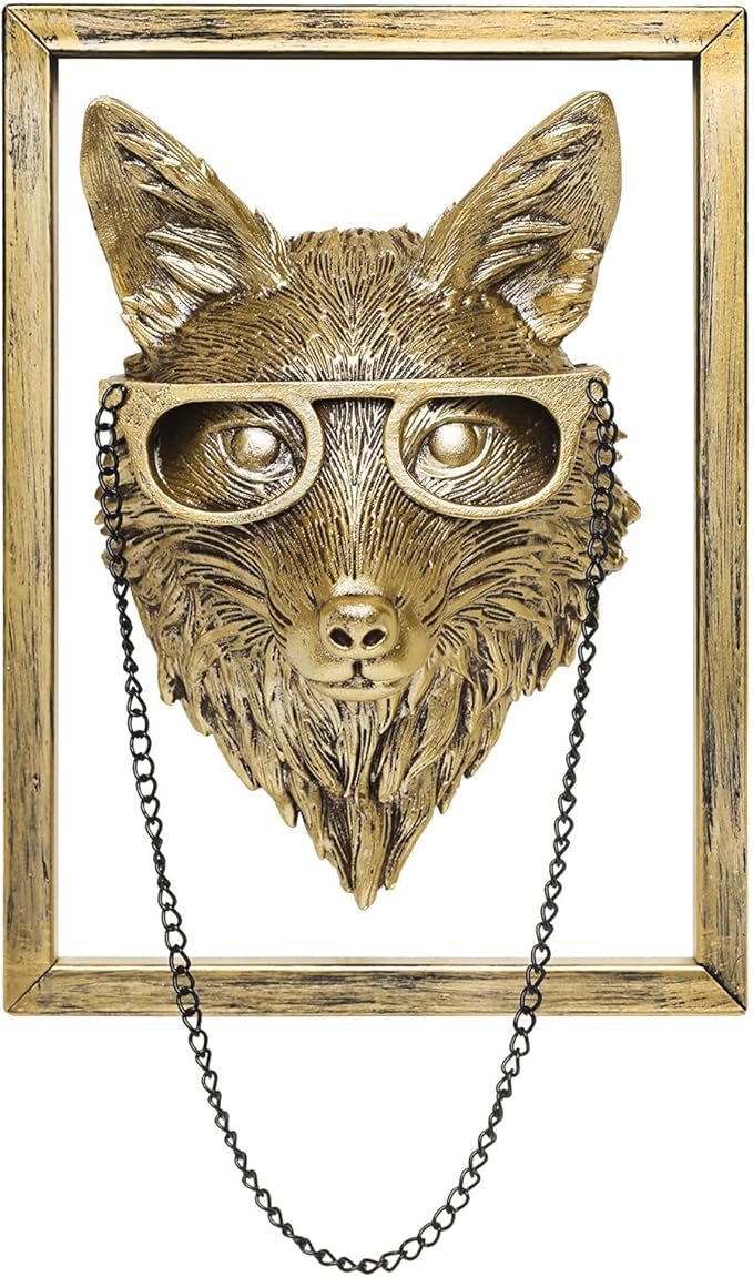 Newinhome Animal Heads Wall Decoration (Gift Metal Frame) Resin Animals Sculptures Head Wall Hanging Decor Gold vintage Wall Sculpture for Living Room Bedroom Office(Fox)