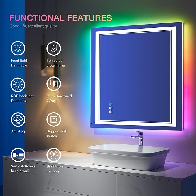 36x36 inch Lighted Bathroom Mirror for Wall,Front Lighted and RGB Backlit LED Bathroom Mirror with Lights,Tempered Glass/Dimmable/Anti-Fog/Square Mirror