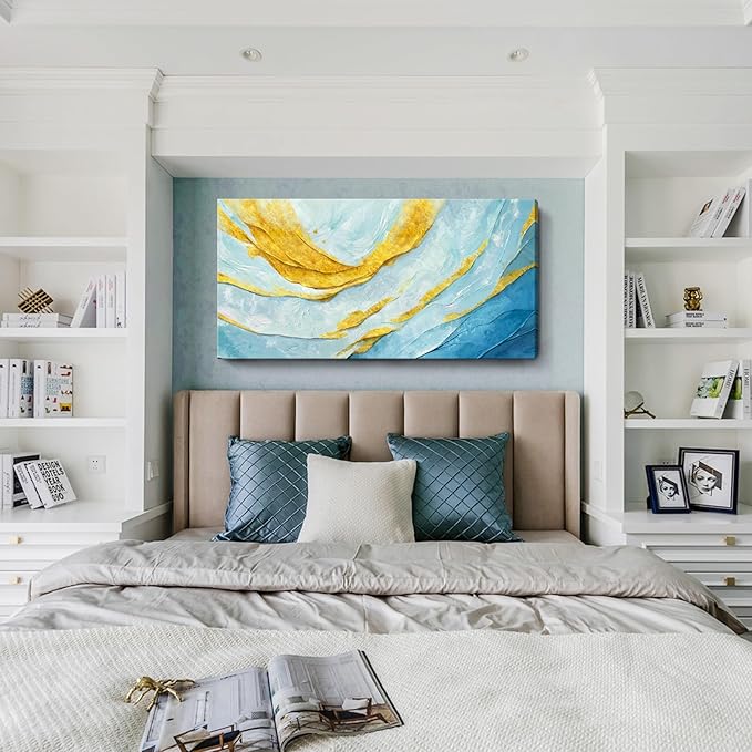 Nicetop Modern Large Abstract Wall Art – Blue and Yellow Flowing Lines Canvas Prints Contemporary Coastal Artwork Horizontal Decorative Wall Picture for Living Room Bedroom Home Office Decor 48x24 Inch