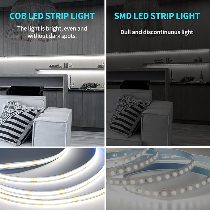 32.8ft COB LED Strip Light White Dimmable DC 24V 6000K Flexible LED Tape Light for Bedroom, with Remote and app Control LED Tape Lights,for DIY Home Decoration（White