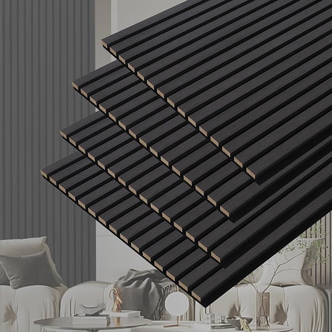 3D Slat Acoustic Wall Panels with Wood Finish Accent, 4 Pack Sound Absorbing Paneling for Studio, Office, Living Room, Bedroom Interior Decor (Matte Black, 48''L x 24''W)