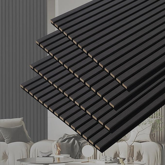 3D Slat Acoustic Wall Panels with Wood Finish Accent, 4 Pack Sound Absorbing Paneling for Studio, Office, Living Room, Bedroom Interior Decor (Matte Black, 48''L x 24''W)