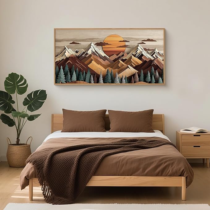 KAIRNE Mountain Framed Canvas Wall Art Set, Mountain Themed Wall Decor, Wooden Pine Tree Scene Wall Painting, Vintage Forest Landscape Art Prints for Living Room, Bedroom, Office 20"x40"