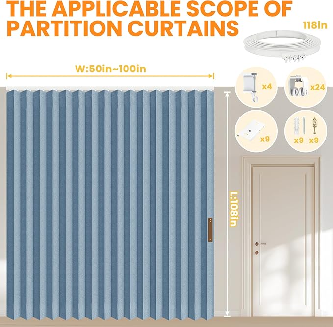 100% Blackout Privacy Room Divider Curtains Thermal Blackout Curtain for Patio Door, Include Ceiling Curtain Track, Bedroom Partition and Shared Office Space(Blue, W100 x L108, 1 Pack)