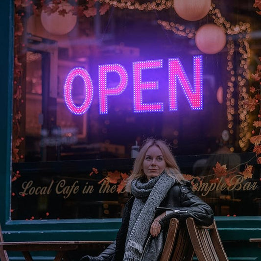 LED Open Sign for Business, 40"x14" Dimmable Brightness Large Electric Light Up Sign, Hanging Installation for Store Restaurant Office Bar Hotel Salon (Red and Blue)